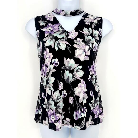 White House Black Market Black Teal Purple Floral Sleeveless Keyhole Top Size XL - Picture 1 of 7